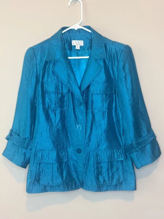Joan Rivers Blazer Womens S Metallic Blue Rayon Blend 3/4 Sleeve Pockets - Picture 5 of 8